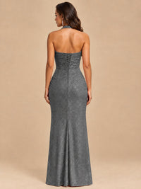 Halter V-Neck Sequin Mermaid Prom Dress with High Slit