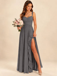 Spaghetti Straps Pleated Chiffon Bridesmaid Dress with Ruffle Slit