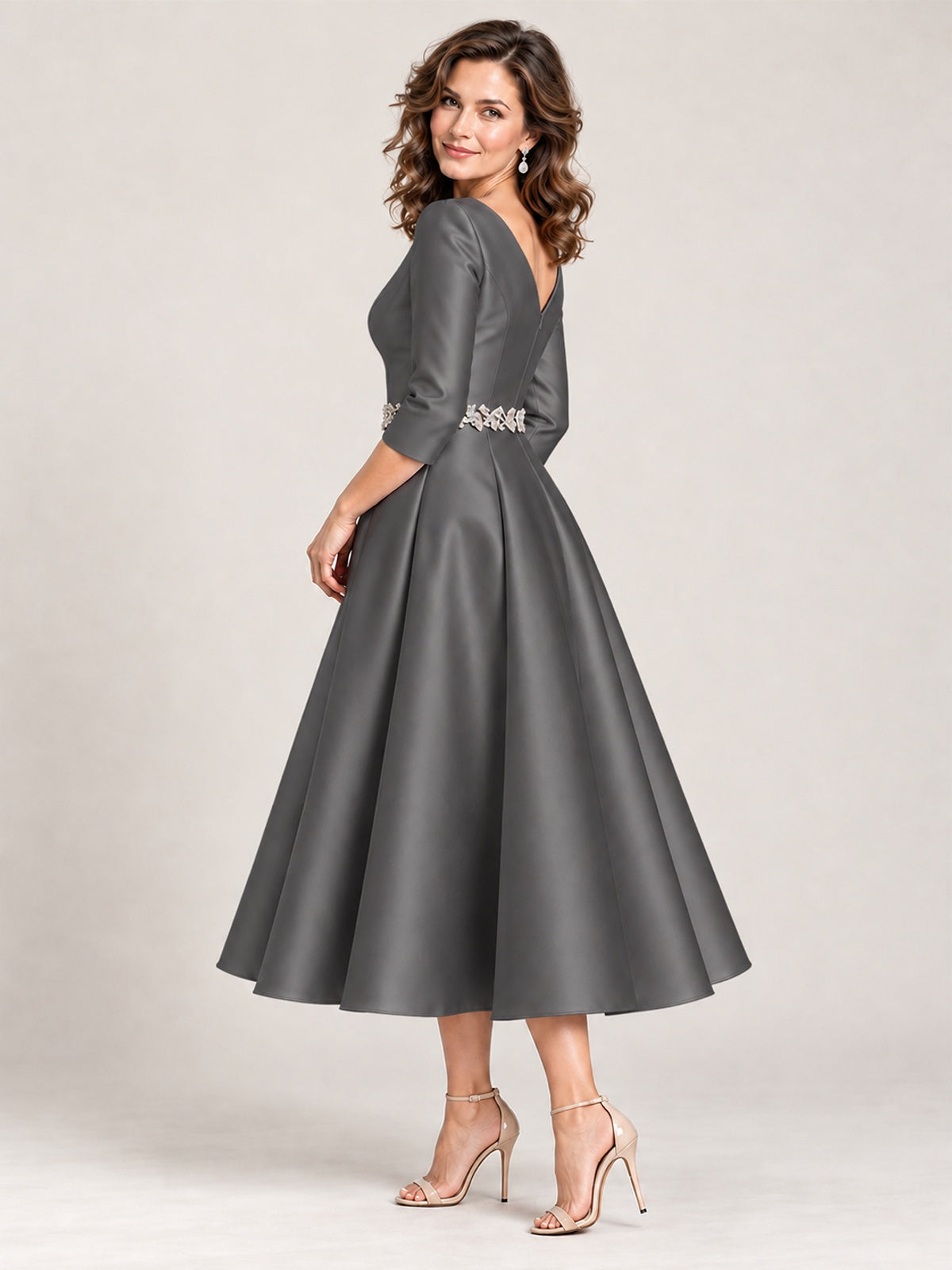 V-Neck Tea-Length Mother of the Bride Dress with Embellished Waist