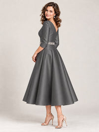 V-Neck Tea-Length Mother of the Bride Dress with Embellished Waist