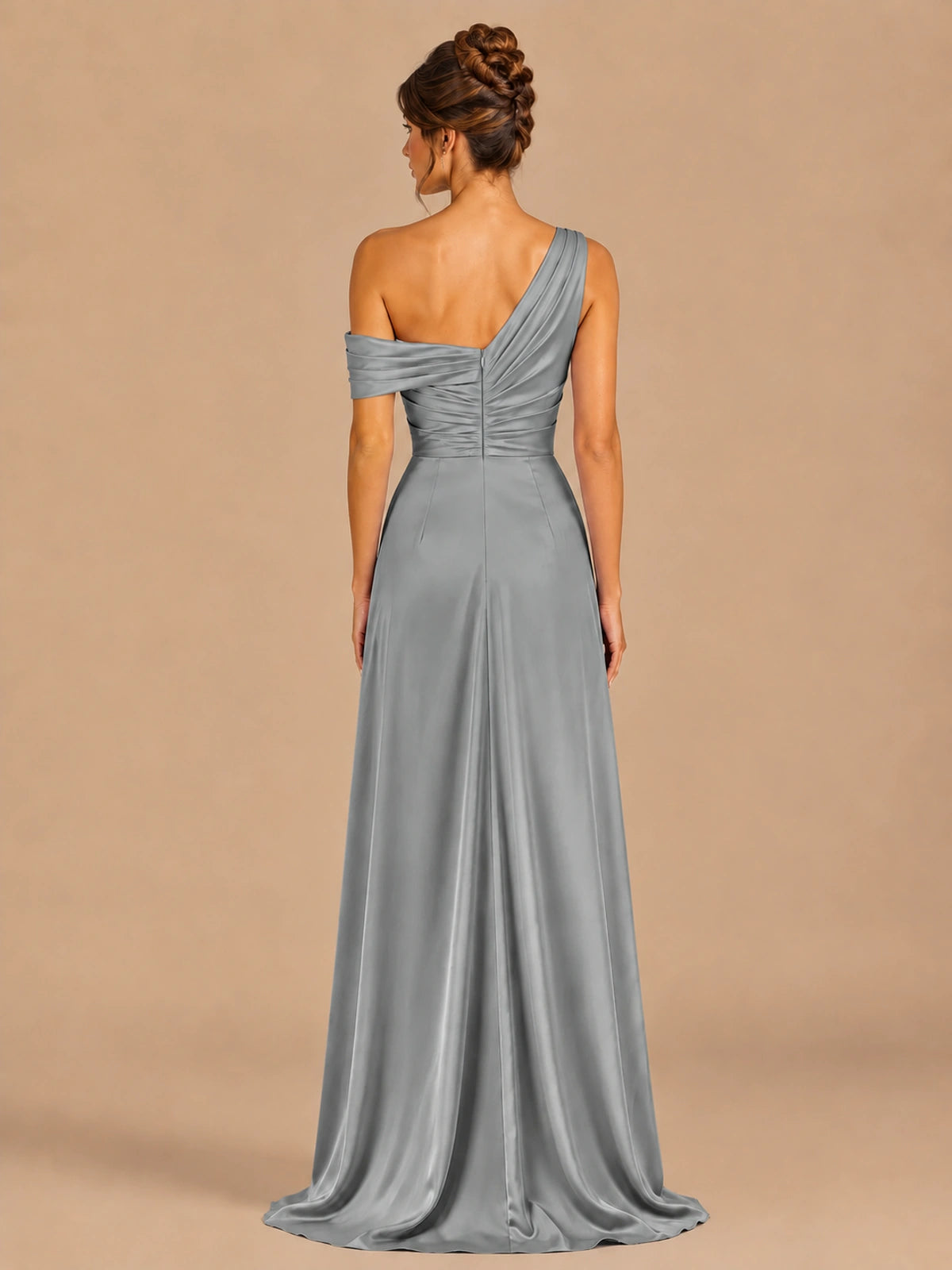 Satin One Shoulder Prom Dress Ruched Long Formal Evening Gown