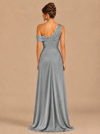 Satin One Shoulder Prom Dress Ruched Long Formal Evening Gown