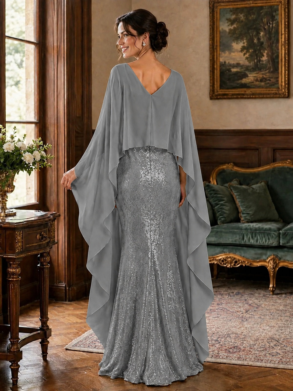 Sequin 2 Pieces Mother of the Bride Dress with Cap Sleeves Chiffon Formal Gowns