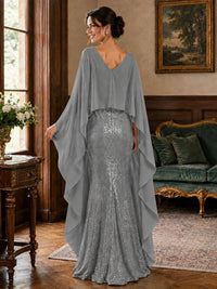 Sequin 2 Pieces Mother of the Bride Dress with Cap Sleeves Chiffon Formal Gowns