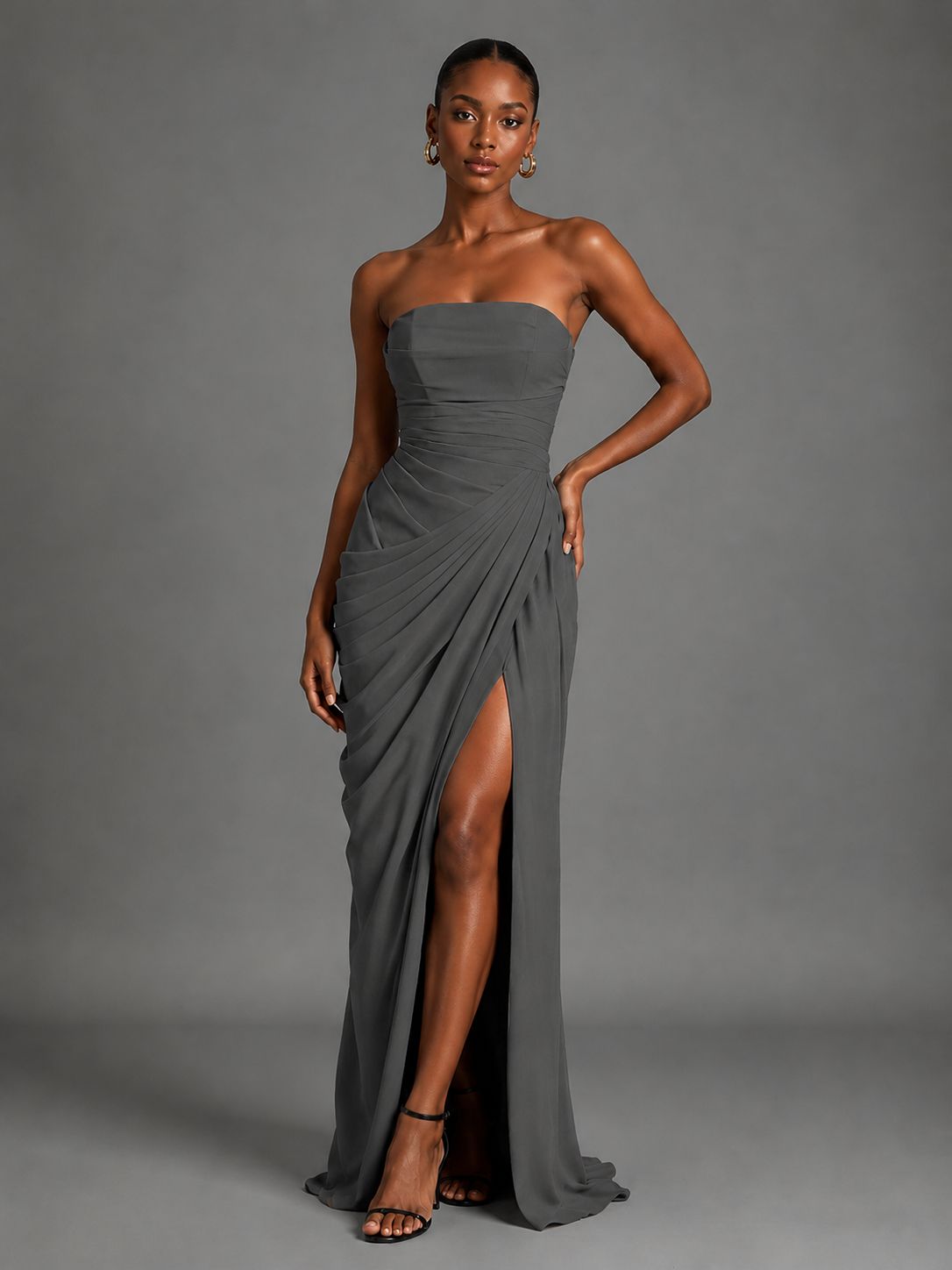 Strapless Bodycon Pleated Chiffon Formal Dress with Slit