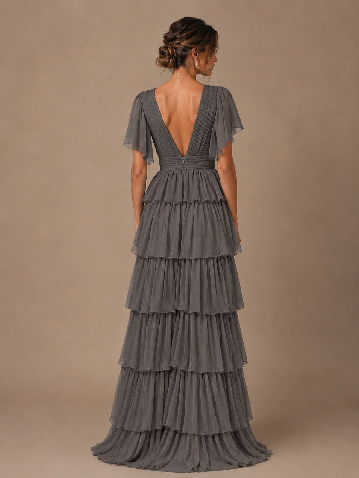 Chiffon V-Neck Tiered Ruffle Bridesmaid Dress with Slit