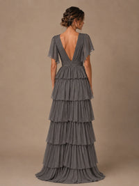 Chiffon V-Neck Tiered Ruffle Bridesmaid Dress with Slit