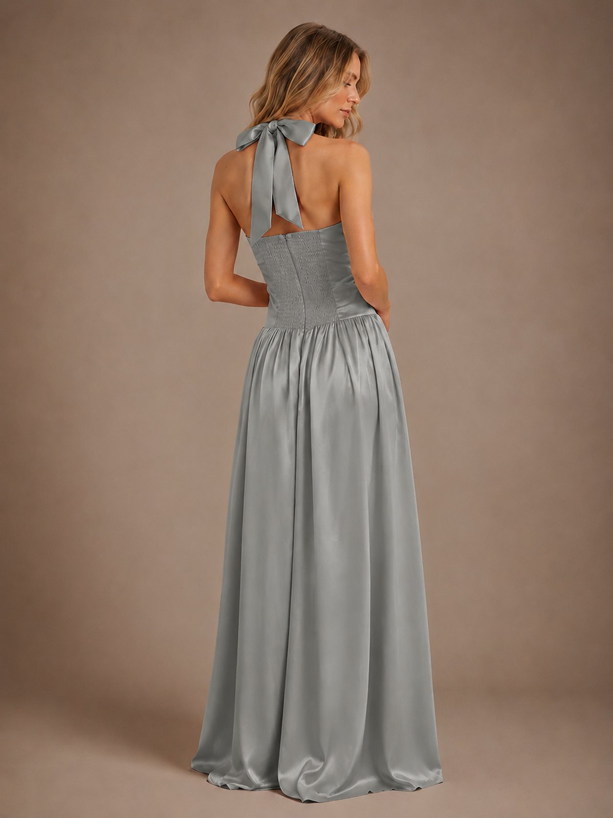 Pink V Neck Halter Satin Maxi Dress