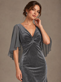 Navy Blue Velvet V Neck Mermaid Formal Dress with Flutter Cape Sleeves