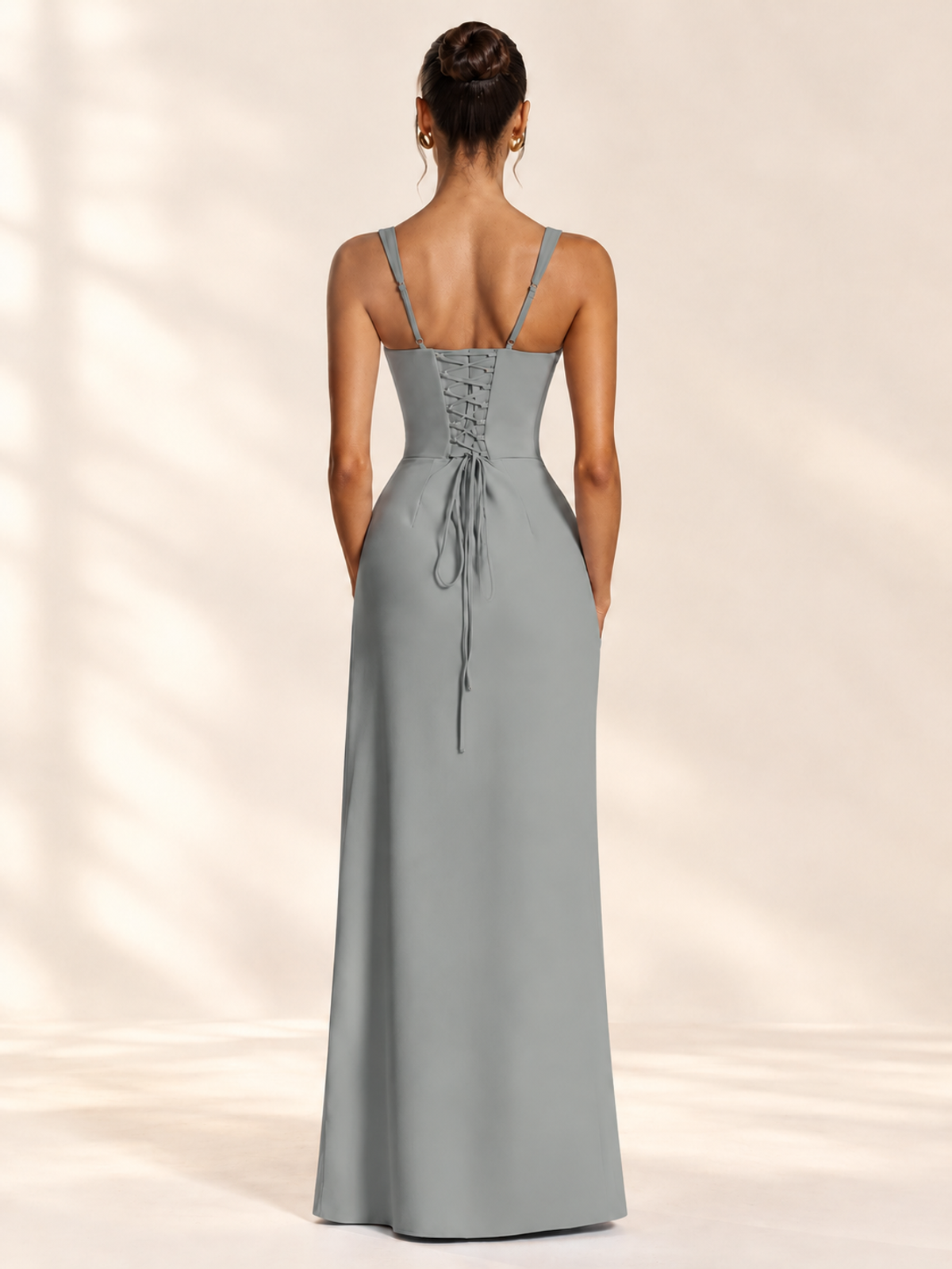 Square Neck Satin Sleeveless Ruched Prom Dress with High Slit