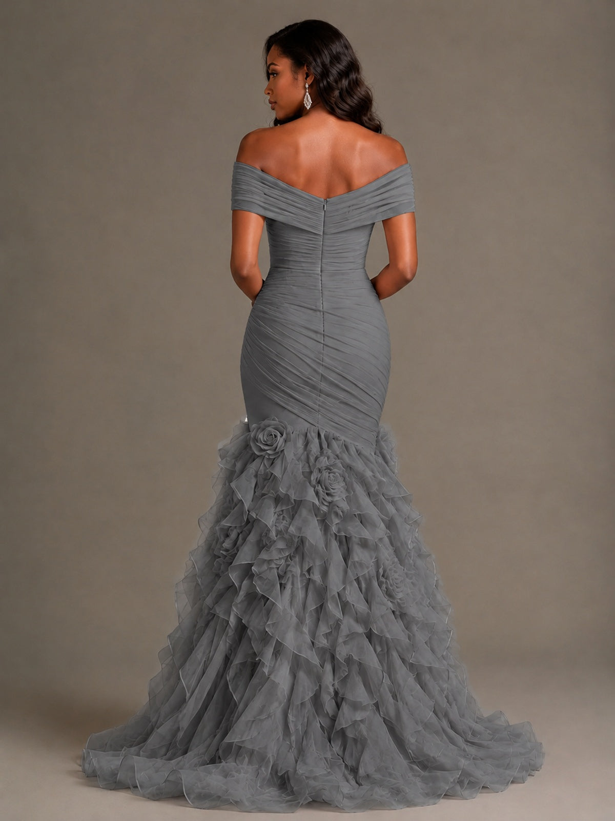 Pink Off-the-Shoulder Mermaid Prom Dress with Ruffles 3D Flowers