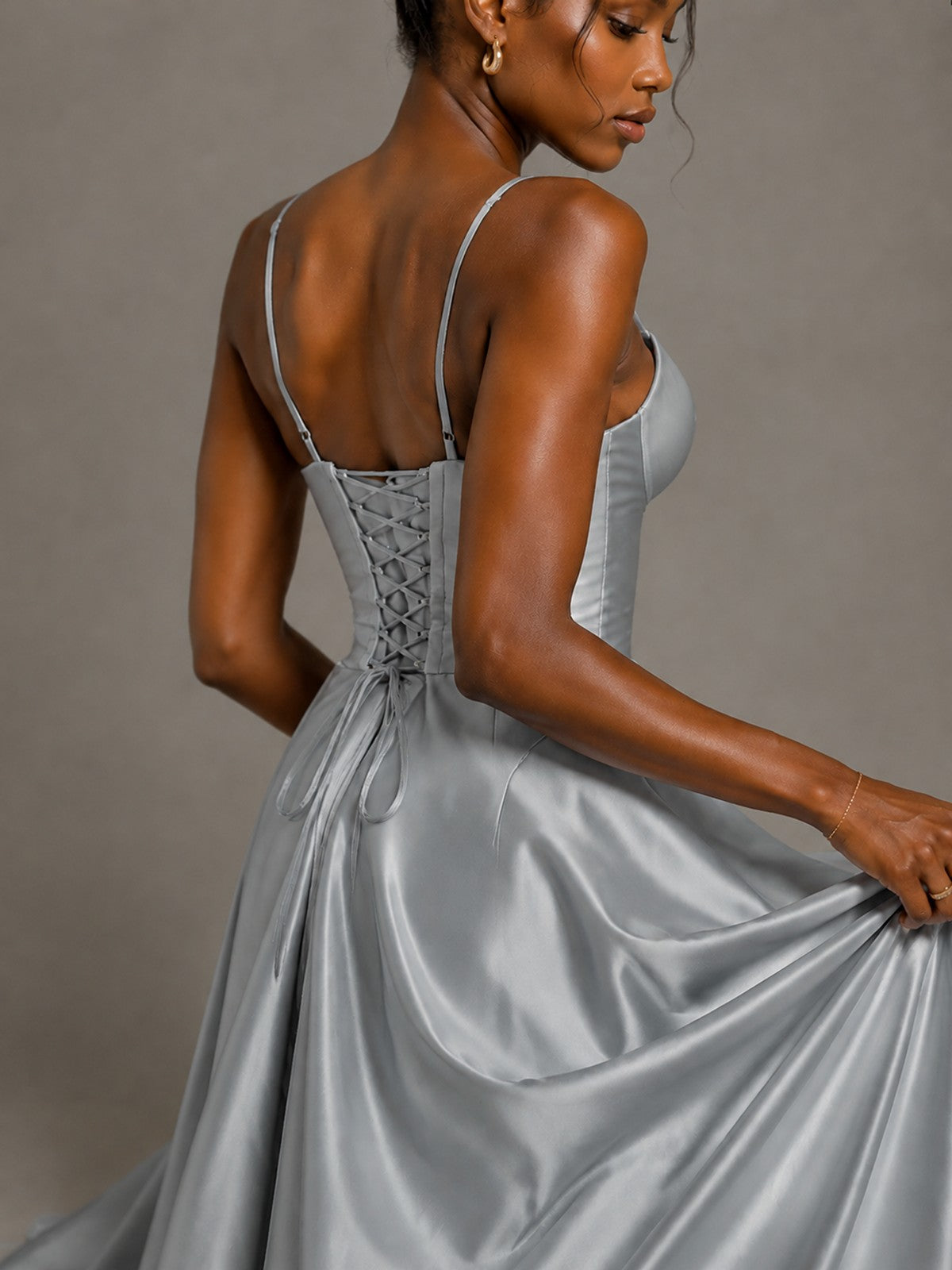 Lavender V Neck Satin Prom Dress with Spaghetti Straps