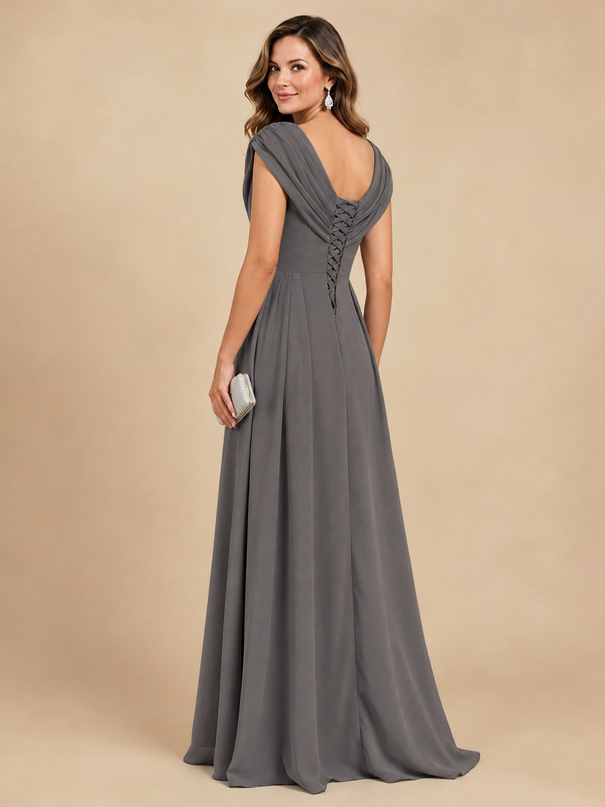 V Neck Pleated Mother of The Bride Dresses with Beading Cap Sleeves