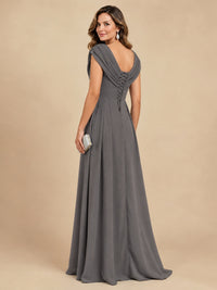 V Neck Pleated Mother of The Bride Dresses with Beading Cap Sleeves