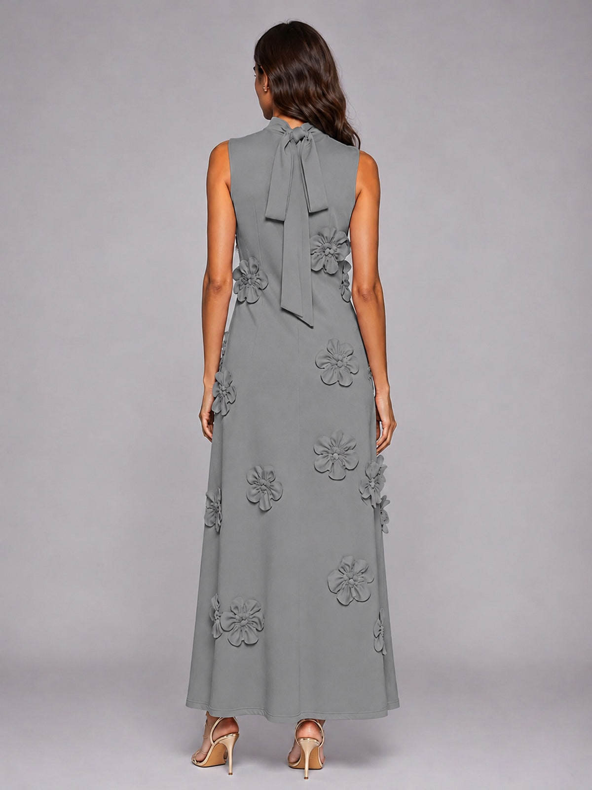 3D Floral Applique High Neck Prom Maxi Dress