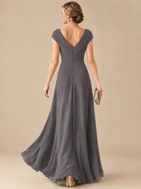 Pleated Chiffon Lace Mother of The Bride Dresses with Beading Cap Sleeves