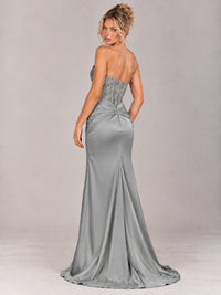 Strapless Satin Prom Dress with Sheer Lace Corset & High Slit