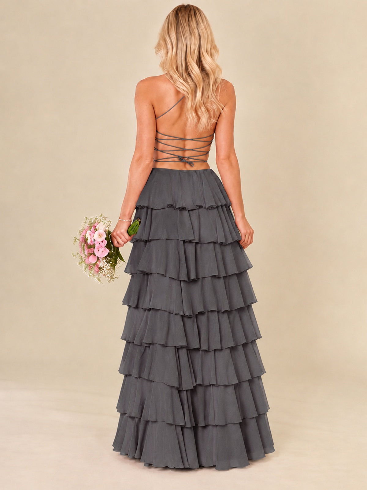 Ruffled Tiered Chiffon Prom Dress Spaghetti Straps Formal Maxi Dress with Slit