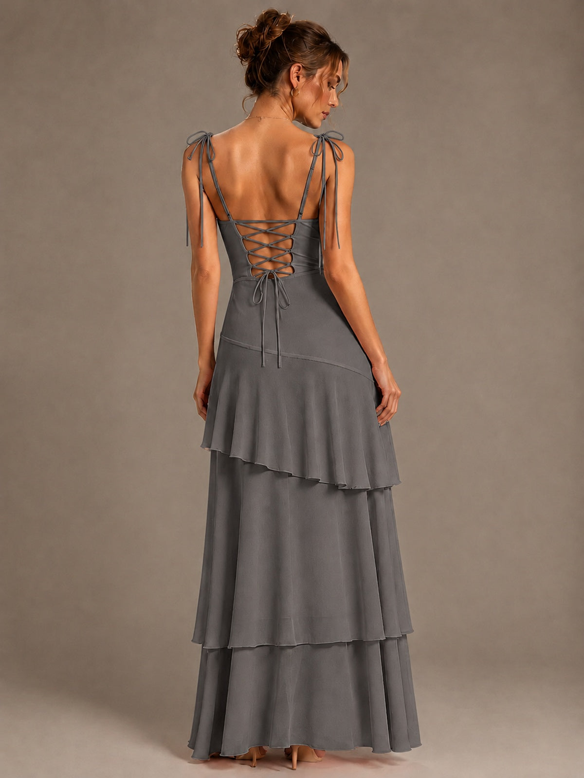 Spaghetti Strap Tiered Ruffles Chiffon Prom Dress