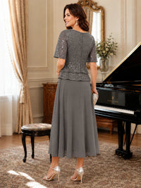 Tea-Length Chiffon Mother of the Bride Dress with Sequin Lace Sleeves