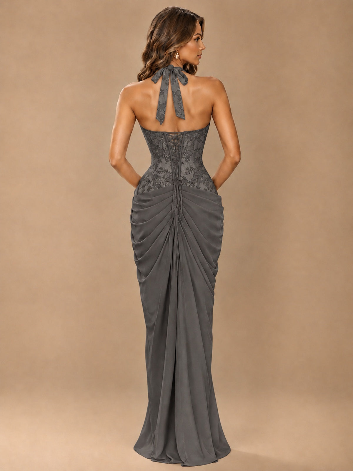 Sweetheart Halter Prom Dress Pleated Lace Floral Formal Dress with Slit