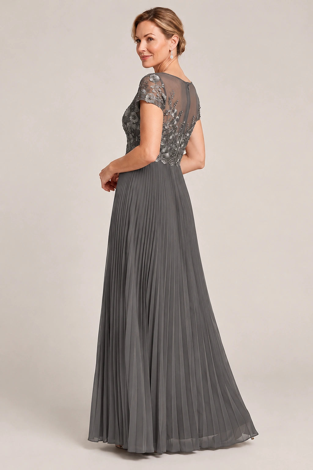 Embroidered Lace Pleated Mother of the Bride Dress