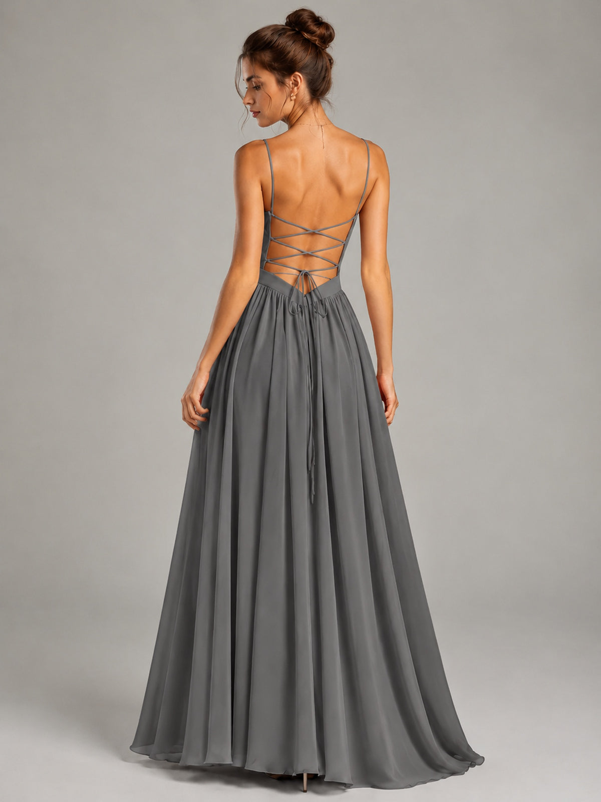 Spaghetti Strap Ruched Chiffon Maxi Dress with Backless