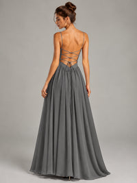 Spaghetti Strap Ruched Chiffon Maxi Dress with Backless