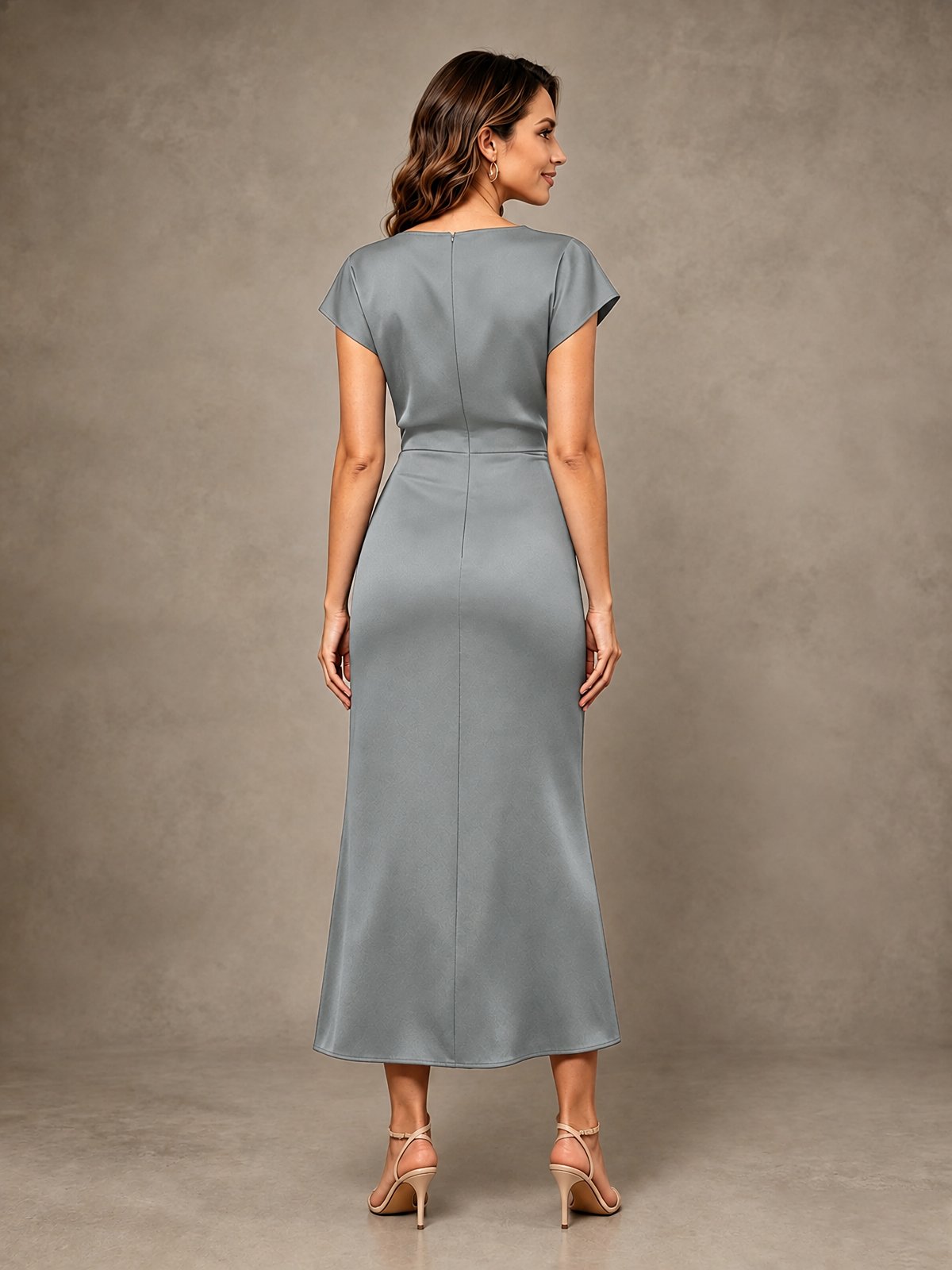 Cowl Neck Satin Mother of the Bride Dress with Ruched Waist