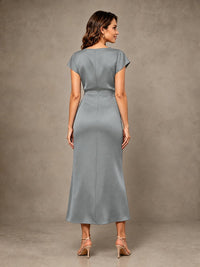 Cowl Neck Satin Mother of the Bride Dress with Ruched Waist