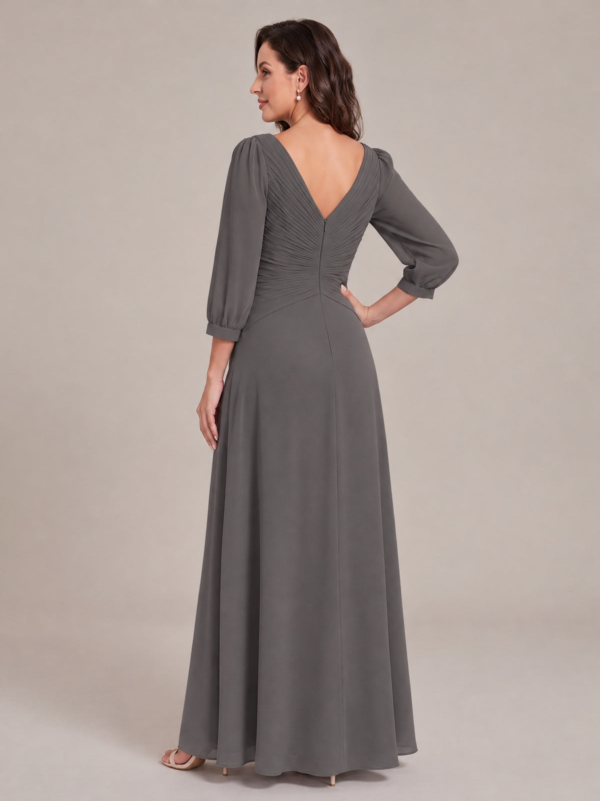 V-Neck Pleated Chiffon Mother of the Bride Dress with Flutter Sleeves