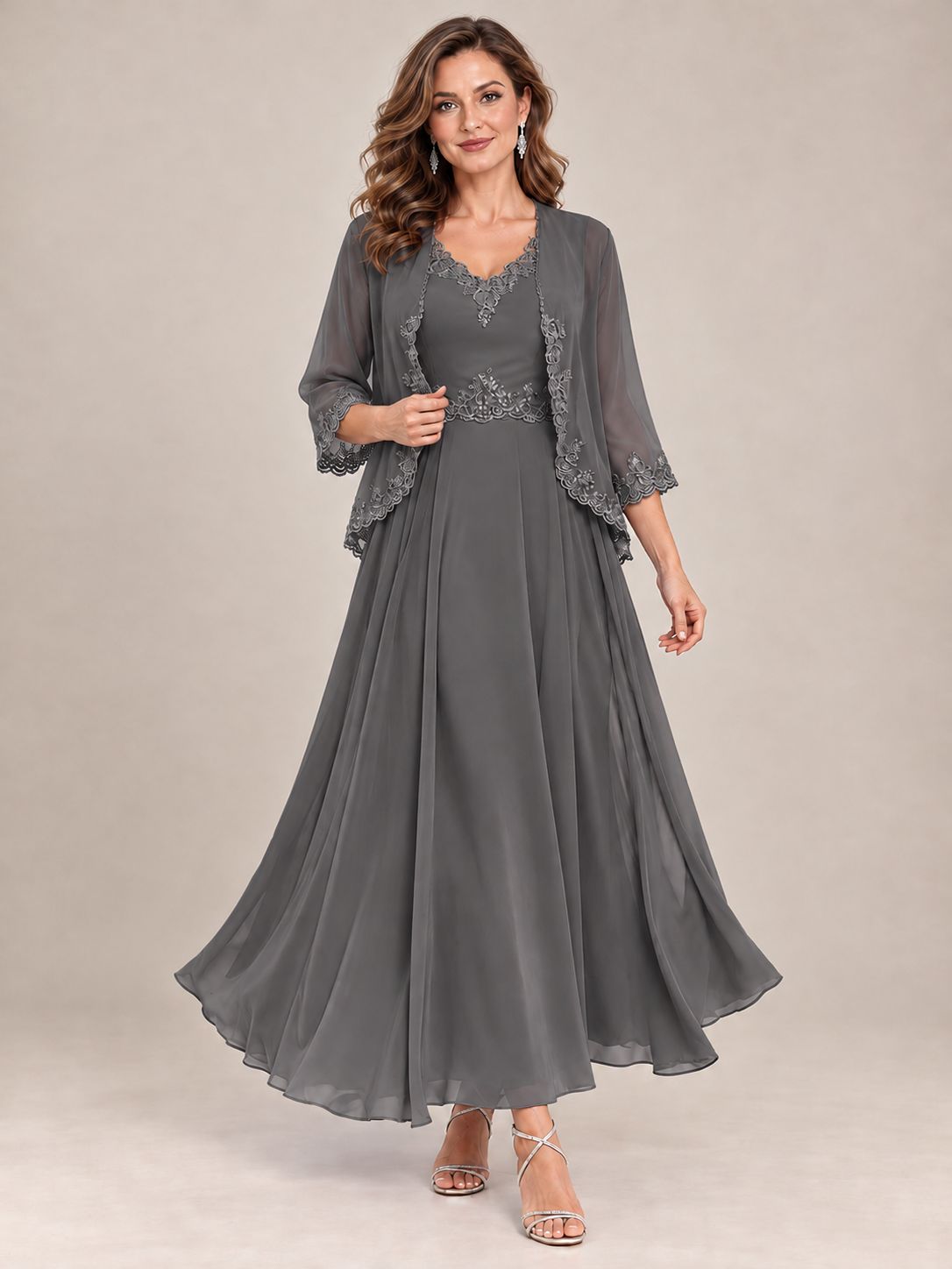 Dusty Blue Floral Lace Chiffon Mother of the Bride Dress with Jacket