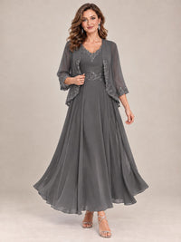 Dusty Blue Floral Lace Chiffon Mother of the Bride Dress with Jacket