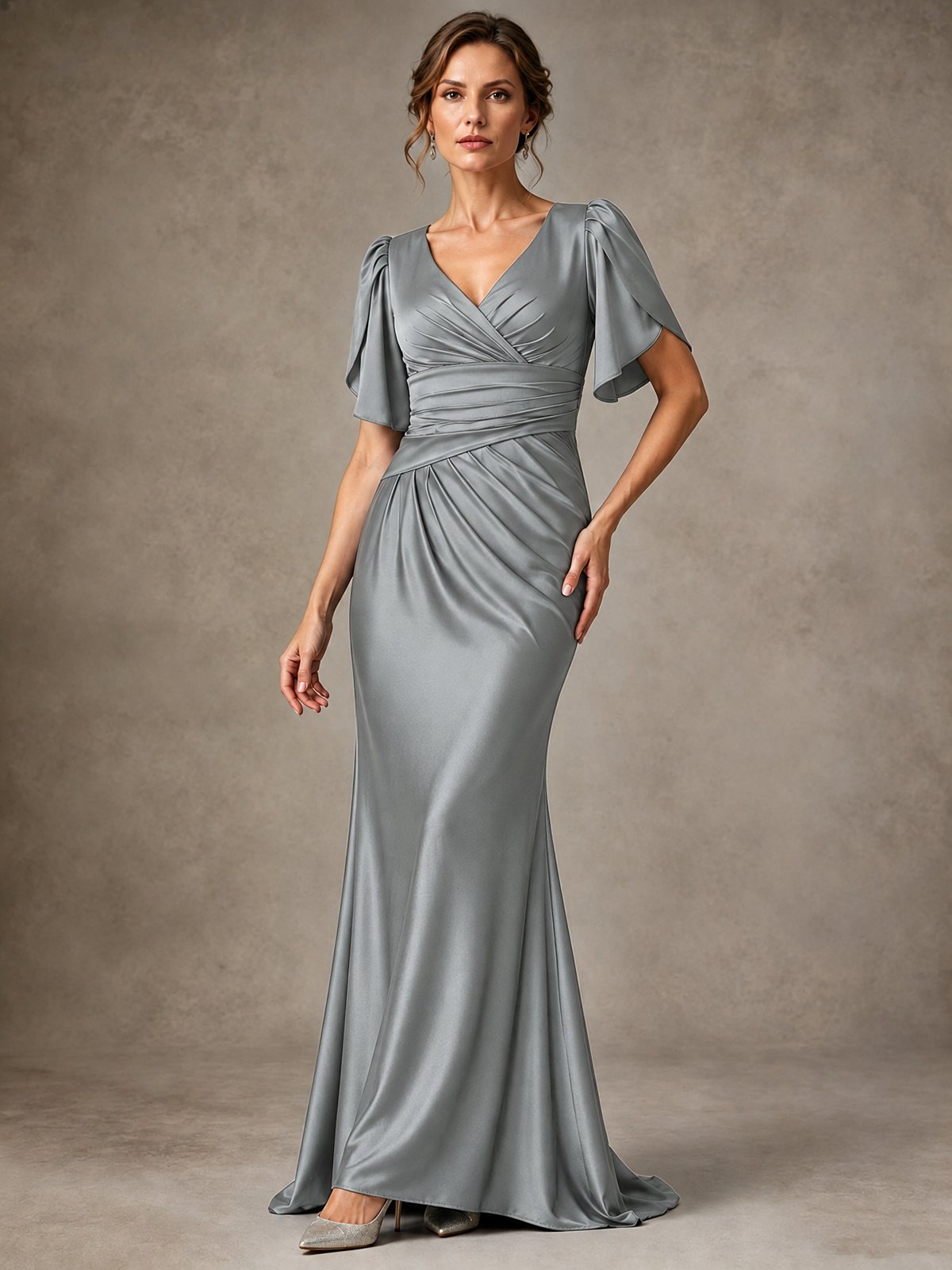 V-Neck Satin Mother of the Bride Dress with Flutter Sleeves