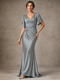 V-Neck Satin Mother of the Bride Dress with Flutter Sleeves
