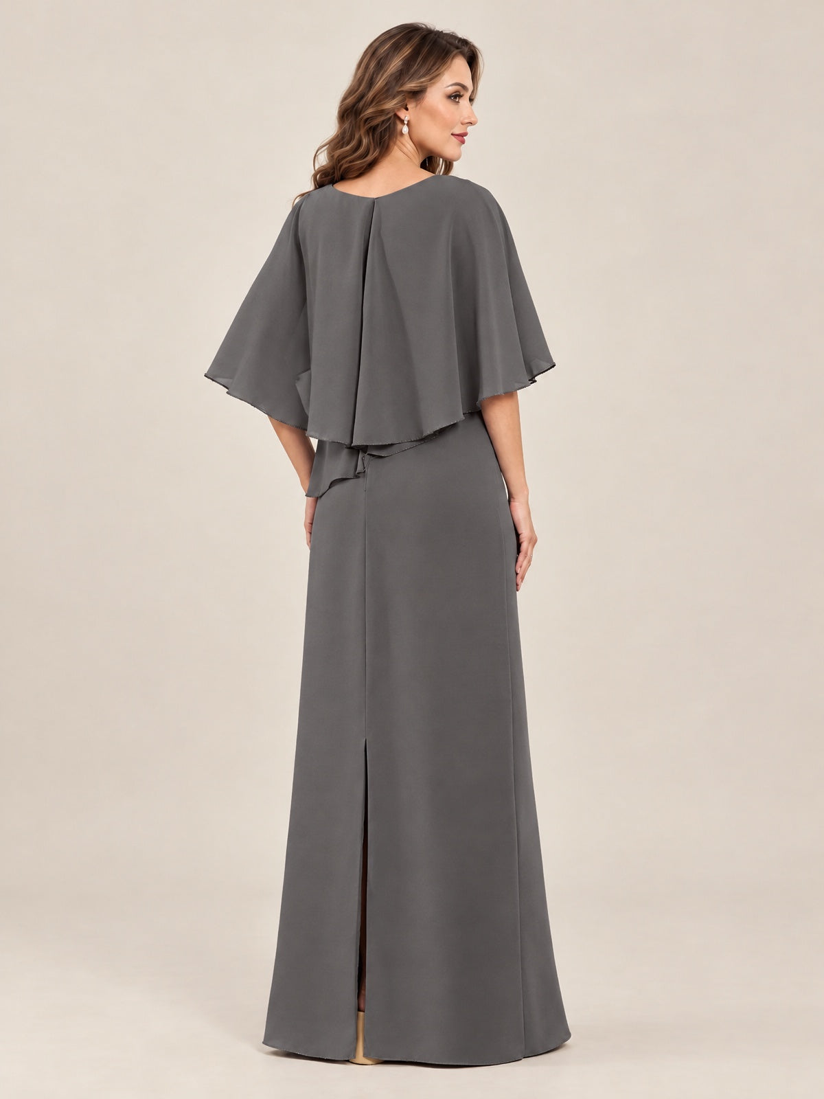 Cape Sleeve Mother of the Bride Dress with Asymmetrical Overlay