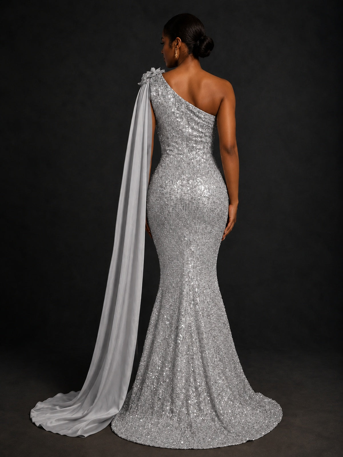 Gold Sequin One Shoulder Mermaid Prom Dress with Cape