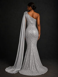 Gold Sequin One Shoulder Mermaid Prom Dress with Cape