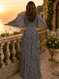 Elegant Chiffon Mother of the Bride Dress with Flutter Sleeves and Ruffle Skirt