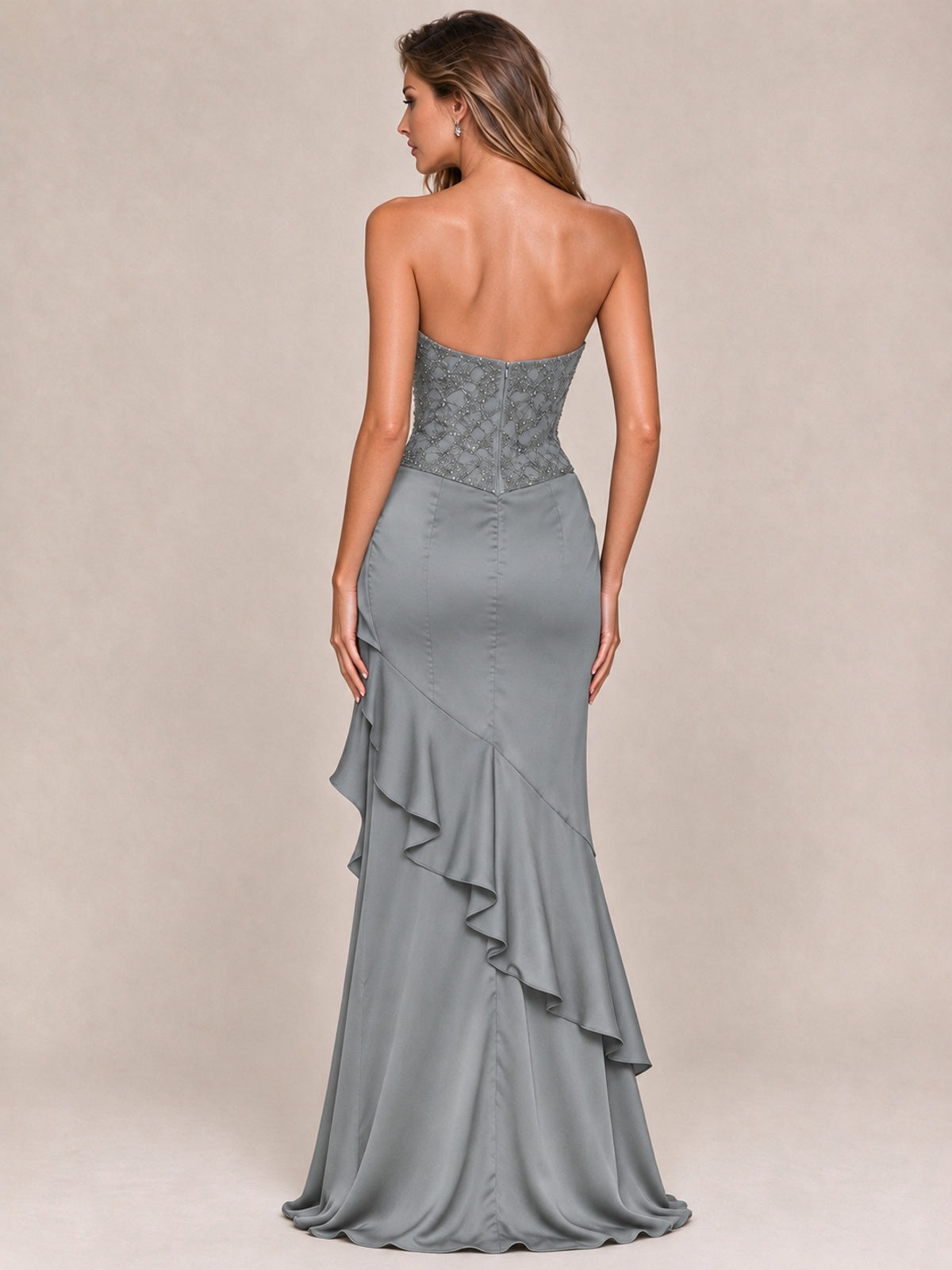 Strapless Lace Appliques Corset Satin Prom Dress Ruffle Slit Evening Gown
