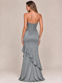 Strapless Lace Appliques Corset Satin Prom Dress Ruffle Slit Evening Gown