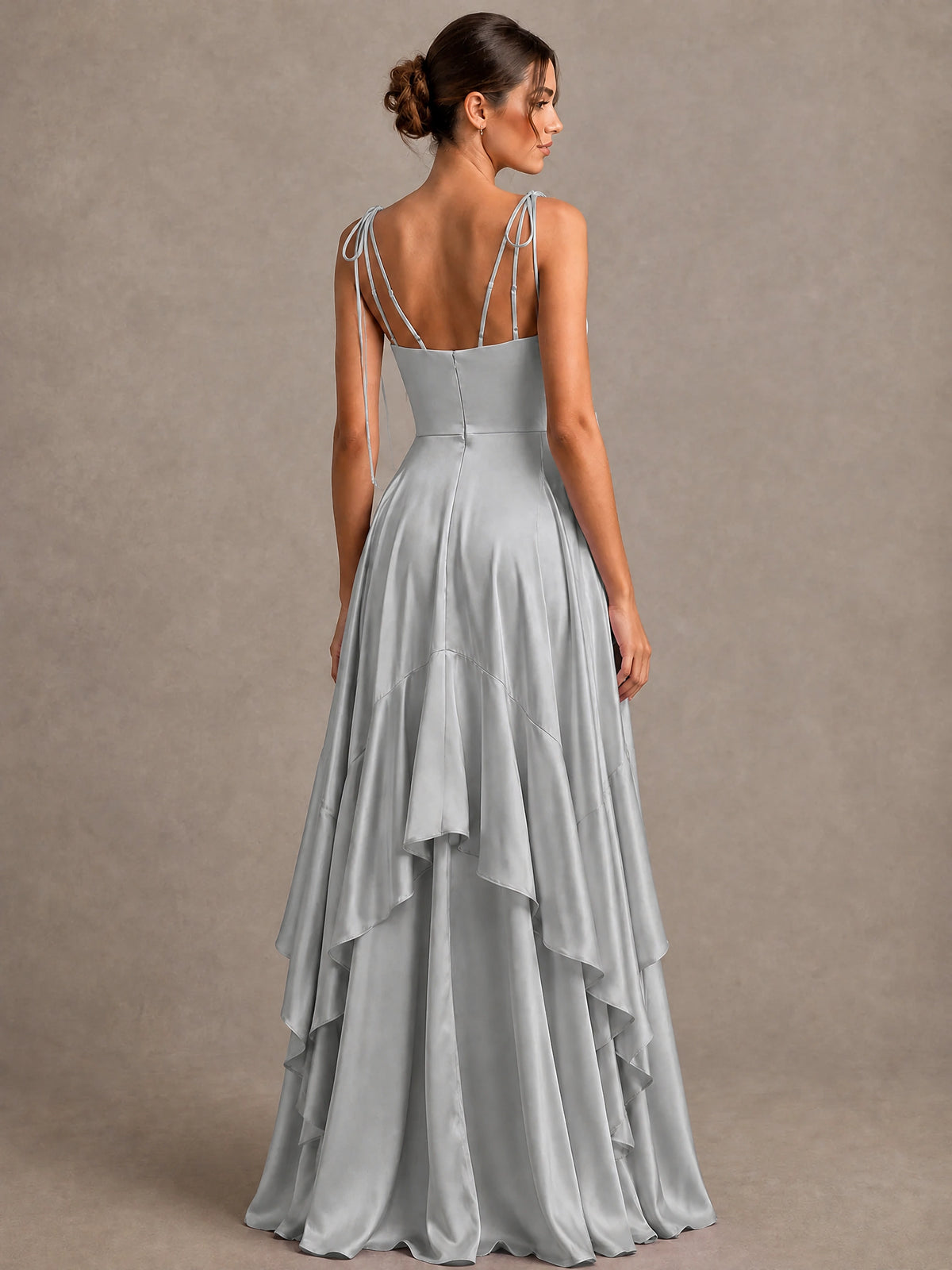 Lavender Satin V-Neck Ruffle Maxi Dress