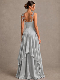 Lavender Satin V-Neck Ruffle Maxi Dress