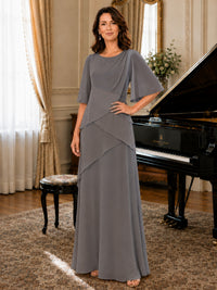 Asymmetric Draped Chiffon Mother of the Bride Dress with Flutter Sleeves