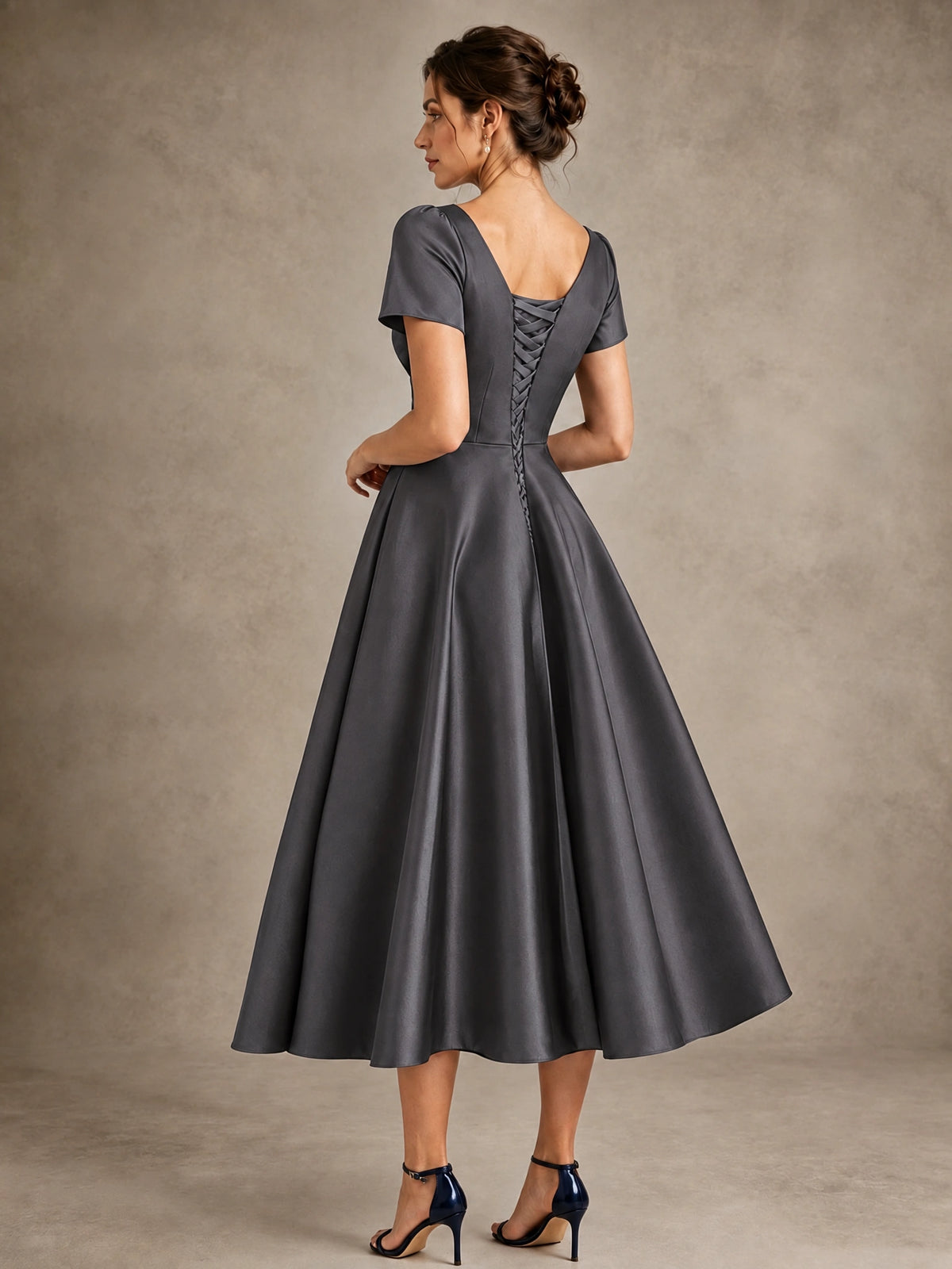 V-Neck Tea-Length Satin Mother of the Bride Dress with Bow