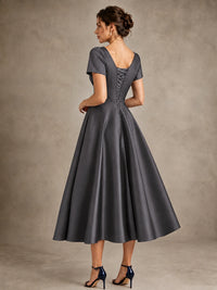 V-Neck Tea-Length Satin Mother of the Bride Dress with Bow