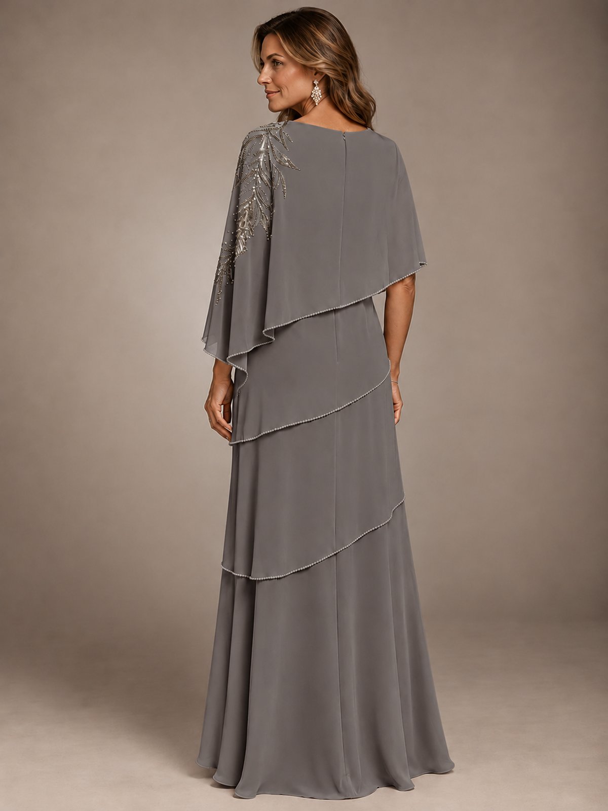 Elegant Chiffon Cape Sleeve Beaded Mother of the Bride Dress