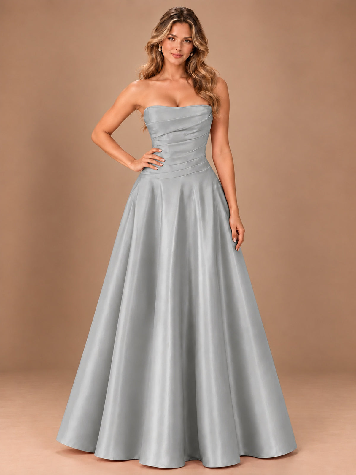 Blush Pink Strapless Satin A-Line Prom Dress with Ruched Bodice