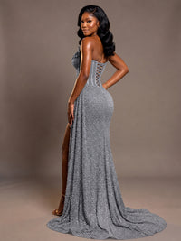 Luxury Strapless Sequin Corset Mermaid Prom Dress with High Slit & Train