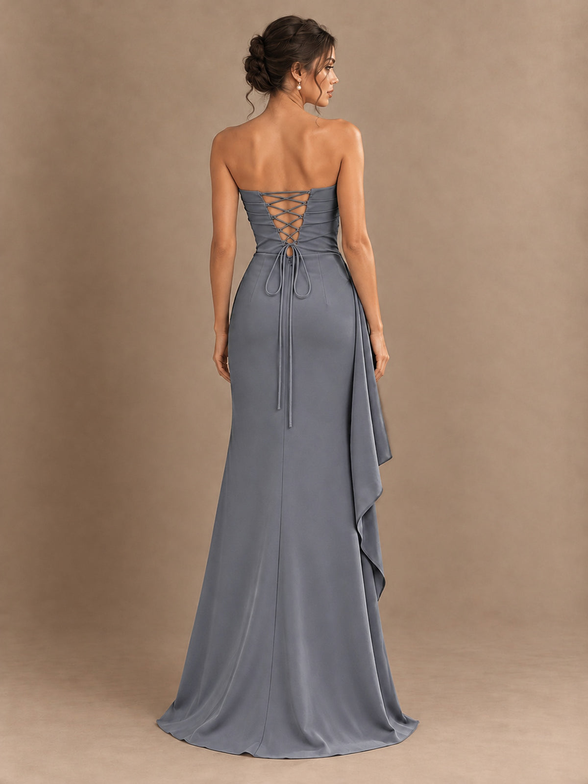 Black and White Strapless Ruched Prom Dress with High Slit & Side Drape